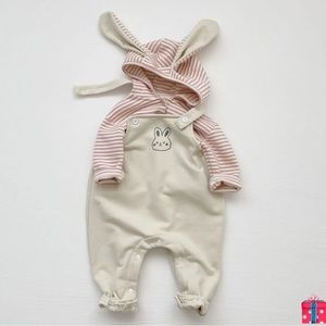 NWT Easter Baby Striped Hoodie and Bunny Overalls Set